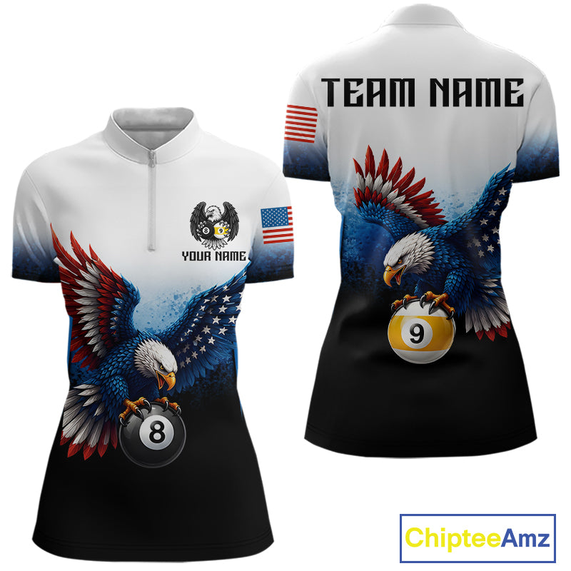 Grunge blue eagle 8 ball 9 ball billiard 1/4-zip shirt for women patriotic team apparel