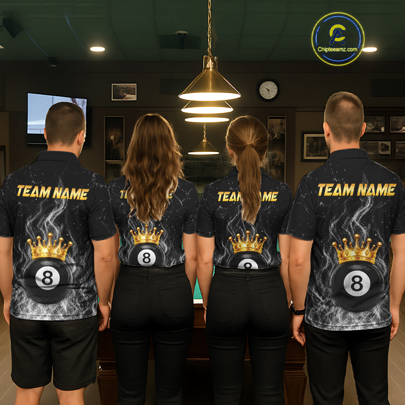 Personalized Gold Crown 8 Ball Mens Billiard Pool Shirts Custom Fire Flame Billiard Jersey | White NYN3310