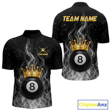 Load image into Gallery viewer, Personalized gold crown 8 ball billiard 1/4-zip shirt for men with fire flame design