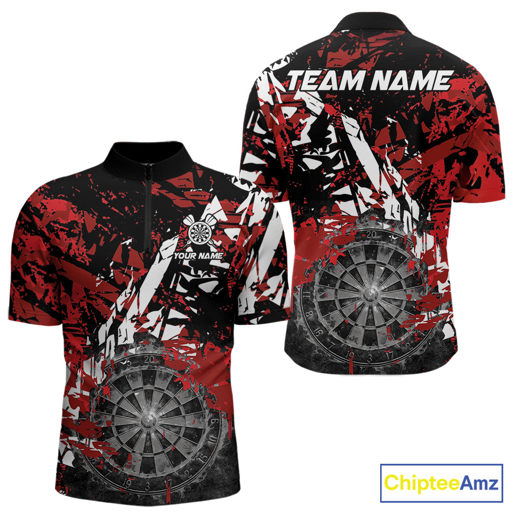 Black white red grunge men's quarter-zip darts shirt, smoke dartboard team jersey, custom dart league uniform, professional darts apparel