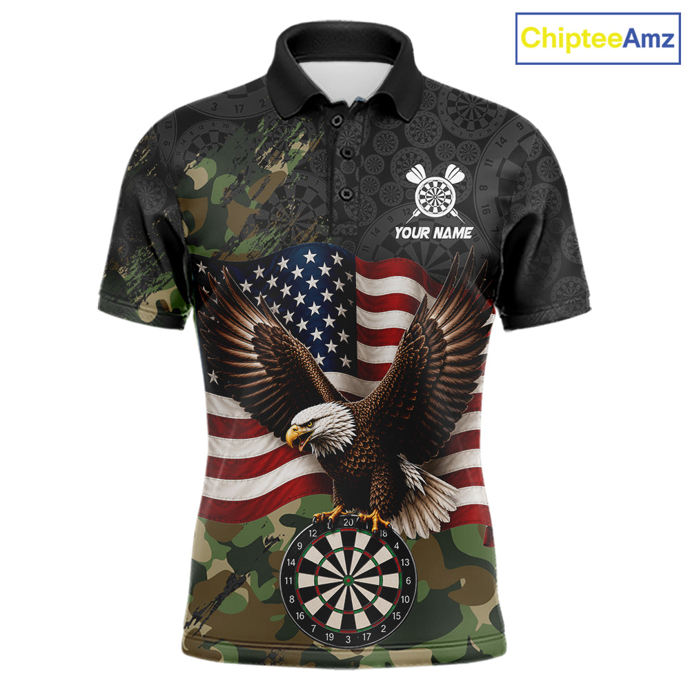 Custom Green Camouflage Eagle American Flag Men's Darts Polo Shirt, Personalized Tactical Team Jersey, Patriot Dart League Apparel, Military Inspired Performance Shirt, Freedom, Courage & Competitive Spirit
