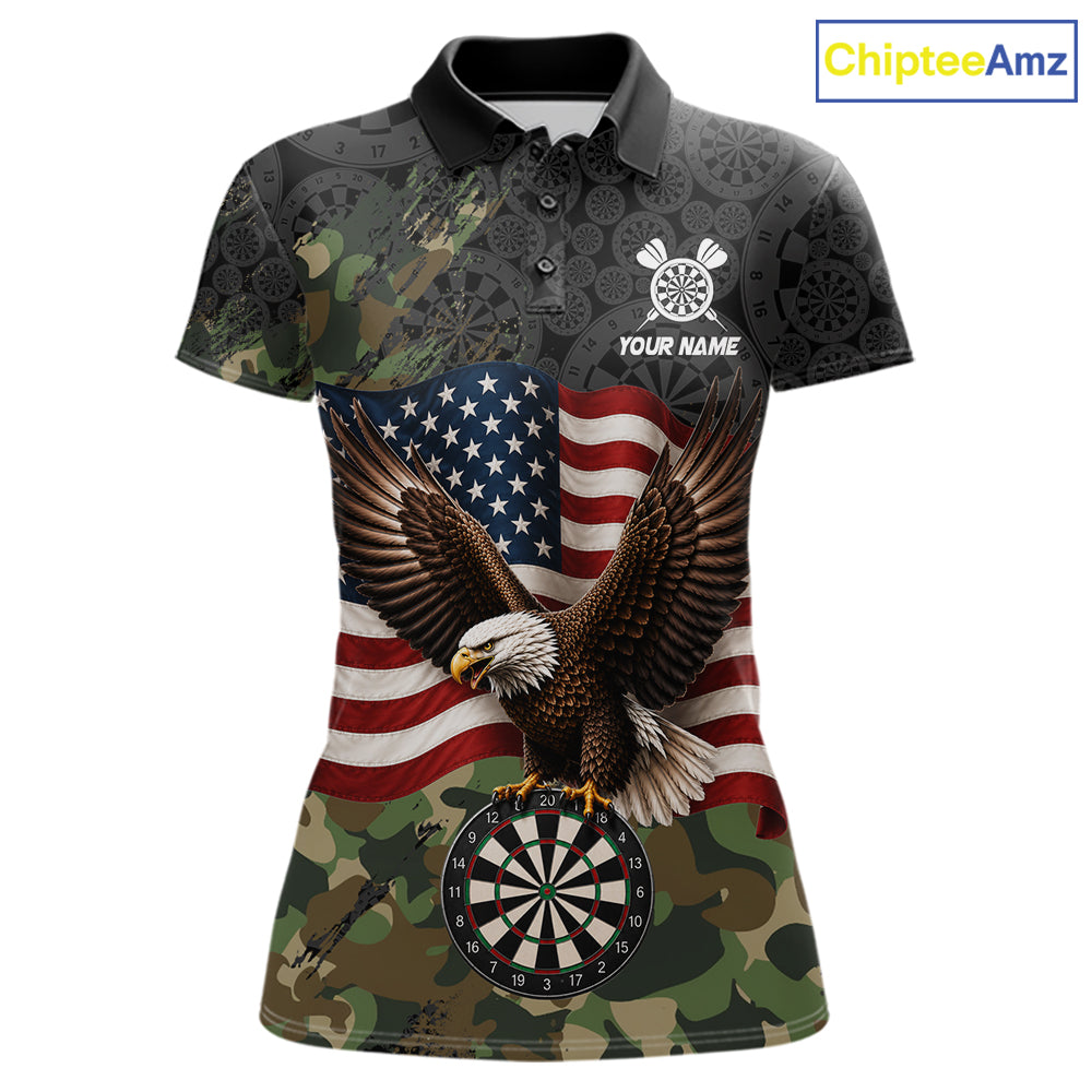 Custom Green Camouflage Eagle American Flag Women's Darts Polo Shirt, Personalized Camo Team Jersey, Tactical Dart Tournament Apparel, Patriot Performance Polo, Military Style, Honor, Strength & Leadership