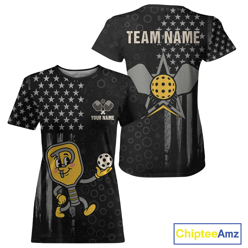 Custom Funny Yellow Paddle US Flag Pickleball T-Shirt For Women Funny Pickleball Jerseys NYN1748