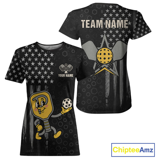 Custom Funny Yellow Paddle US Flag Pickleball T-Shirt For Women Funny Pickleball Jerseys NYN1748