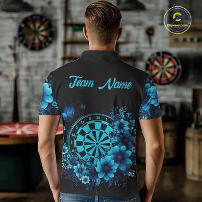 Blue Flowers & Butterfly Dartboard Custom Men Darts Polo Shirts Dart League Jerseys NYN2265