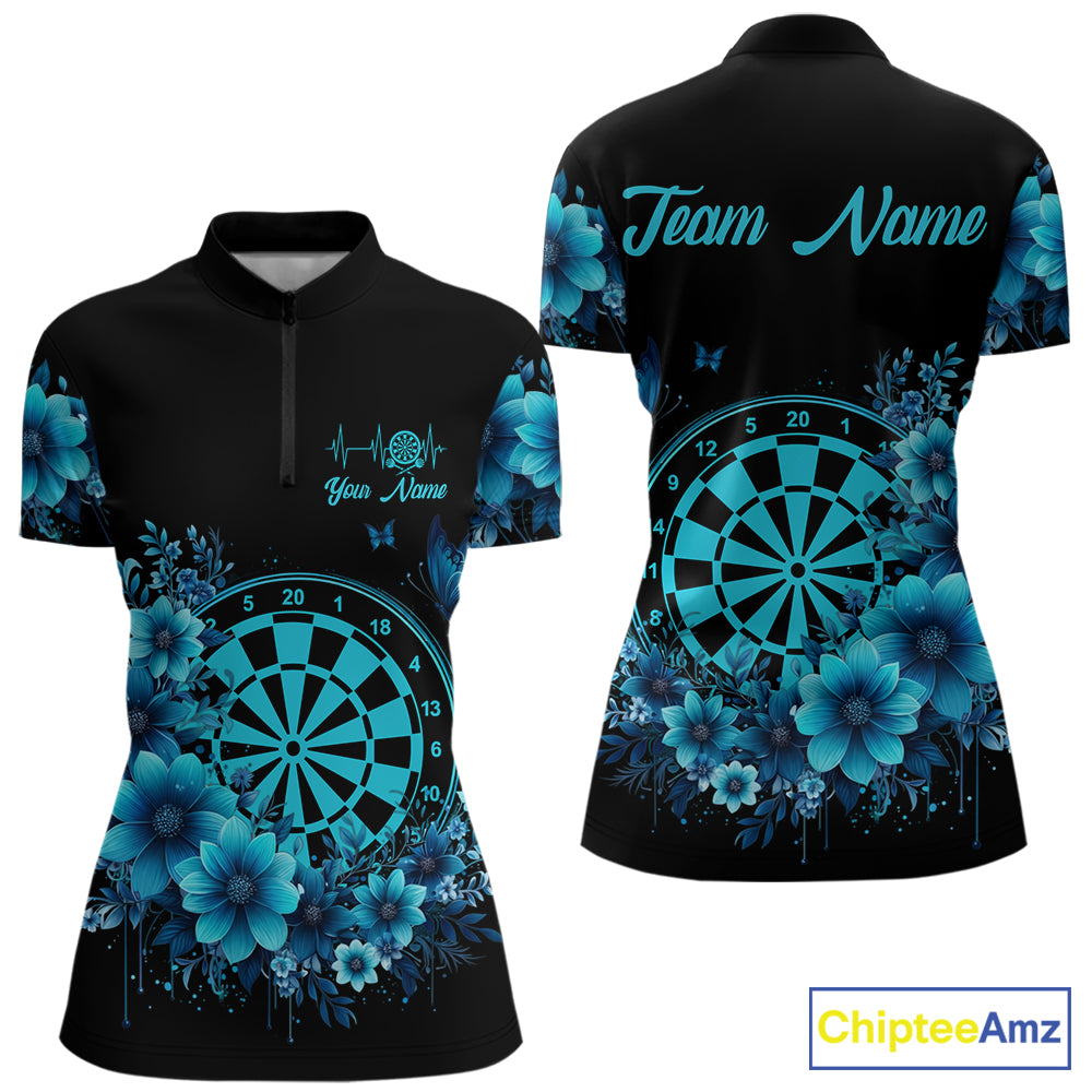 Blue Flowers & Butterfly Dartboard Custom Women Darts Quarter-Zip Shirts Dart League Jerseys NYN2265