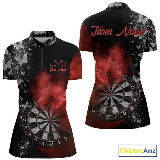 Custom Silver Butterfly Red Smoking Grunge Dartboard Women Darts Quarter-Zip Shirts Dart Jerseys NYN2267