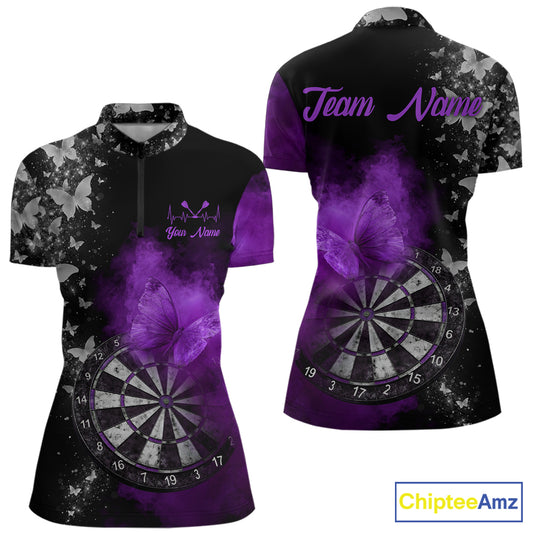 Custom Silver Butterfly Purple Smoking Grunge Dartboard Women Darts Quarter-Zip Shirts Dart Jerseys NYN2268