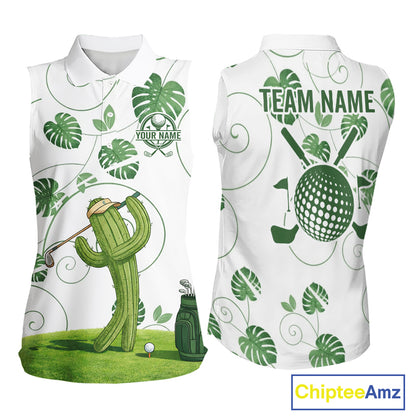 Women Green Monstera Pattern Golf Clothing Custom Cactus Golfer Funny Womens Golf Polo Shirt NYN2931