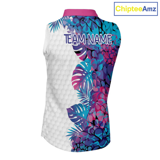 Women Golf Clothing Monstera Pattern Floral Sleeveless Golf Shirt Custom Women White Golf Polo Best Golf Gifts NYN2936