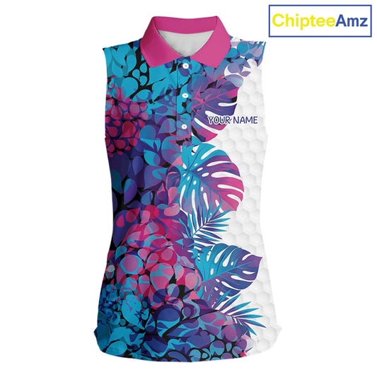 Women Golf Clothing Monstera Pattern Floral Sleeveless Golf Shirt Custom Women White Golf Polo Best Golf Gifts NYN2936