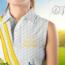 Load image into Gallery viewer, White sleeveless golf shirt with yellow text and graphics on a blurred golf course background