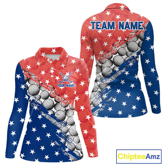 Long-sleeve shirt with golf ball pattern and American flag design, featuring 'Team Name' and 'Your Name' text on a white background.