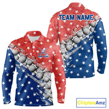 Load image into Gallery viewer, Long-sleeve shirt with American flag design and golf ball pattern, customizable with 'Your Name' and 'Team Name'.