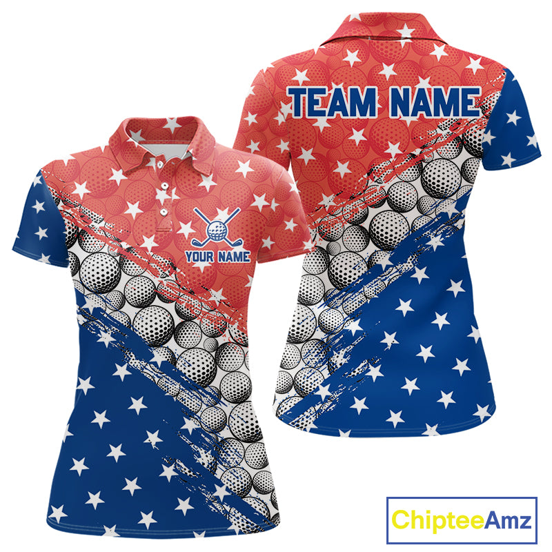 Two views of a polo shirt with American flag design and golf ball pattern, featuring 'Team Name' and 'Your Name' text.