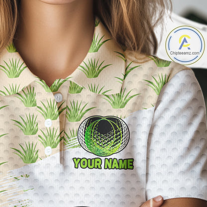 Funny Golfer Grass Pattern Polos For Women Custom White Golf Ball Team Outfits, Upf Golf Shirts NYN3324