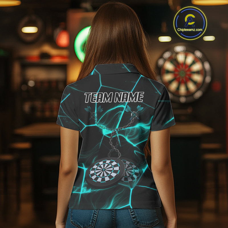 Flame Dartboard & Chains Darts Shirt For Women - Custom Name & Team Jersey | Opt2 - Turquoise NYN0626