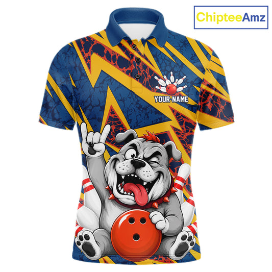 Funny Rock-On Bulldog Men's Bowling Polo Shirt, Personalized Bulldog Bowling League Jersey, Dog Lover Tournament Apparel