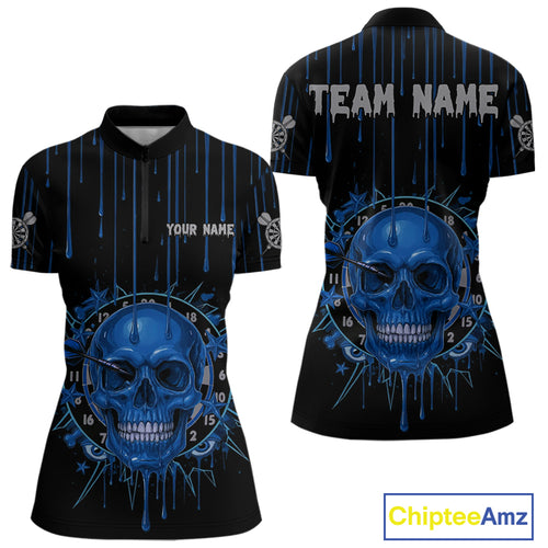 Custom Blue Dripping Horror Skull Dartboard Dart Women Quarter-Zip  Jerseys Dart Team Shirts NYN1758