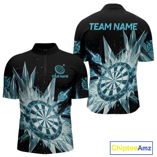Blue Snow Ice Dartboard Men Darts Quarter-Zip Shirt Custom Name & Team Xmas Dart League Shirt NYN2057