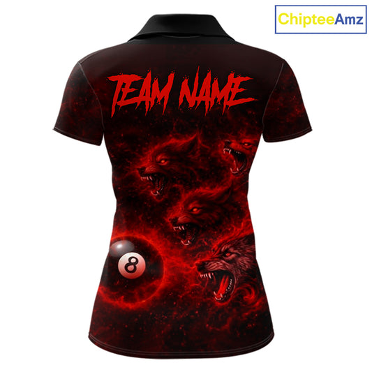 Horror Wolfs Red Flames Smoke Pool 8 Ball Women's Billiard Shirt Custom Ball Billiard Team Attire NYN2562