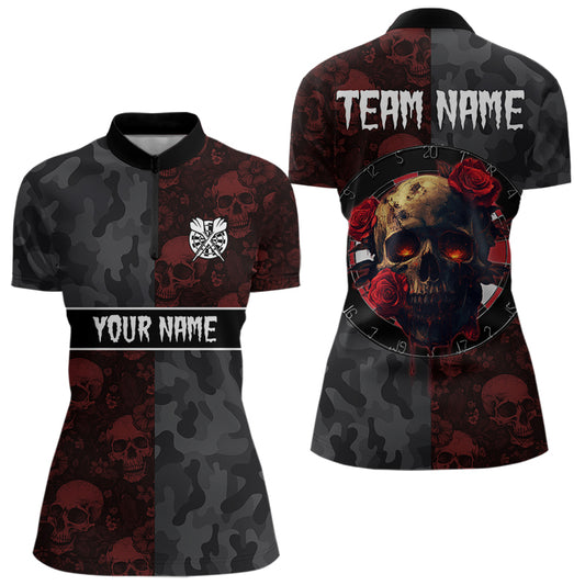 Red Rose Skulls And Dartboard Style Dart Shirts For Women, Custom Dart Jerseys NYN0028
