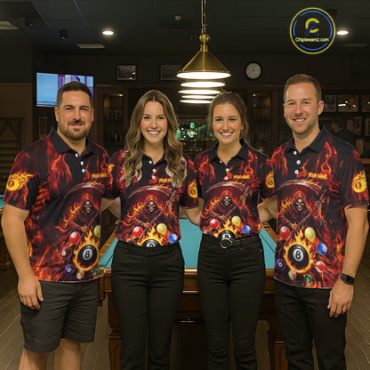 Grim Reaper 8 Ball Billiard Shirt For Men Custom Red Flames 8 Ball Pool Billiard Team Attire NYN3146
