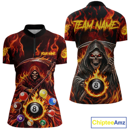 Grim Reaper 8 Ball Billiard Shirt For Women Custom Red Flames 8 Ball Pool Billiard Team Attire NYN3146