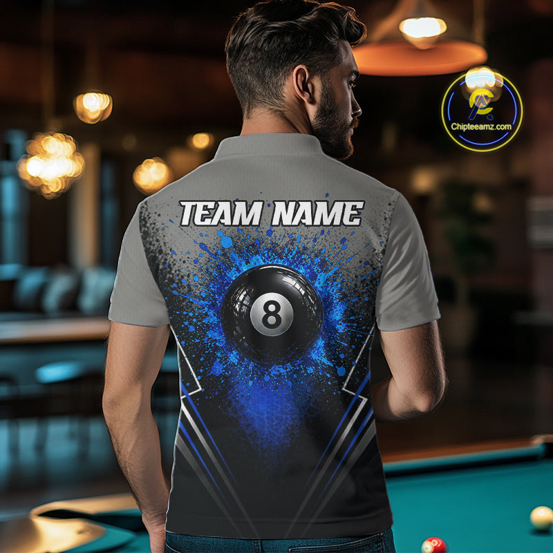 Personalized Grey And Blue Splatter 8 Ball Pool Billiard Shirt For Men Custom Billiard Team Jersey NYN3147