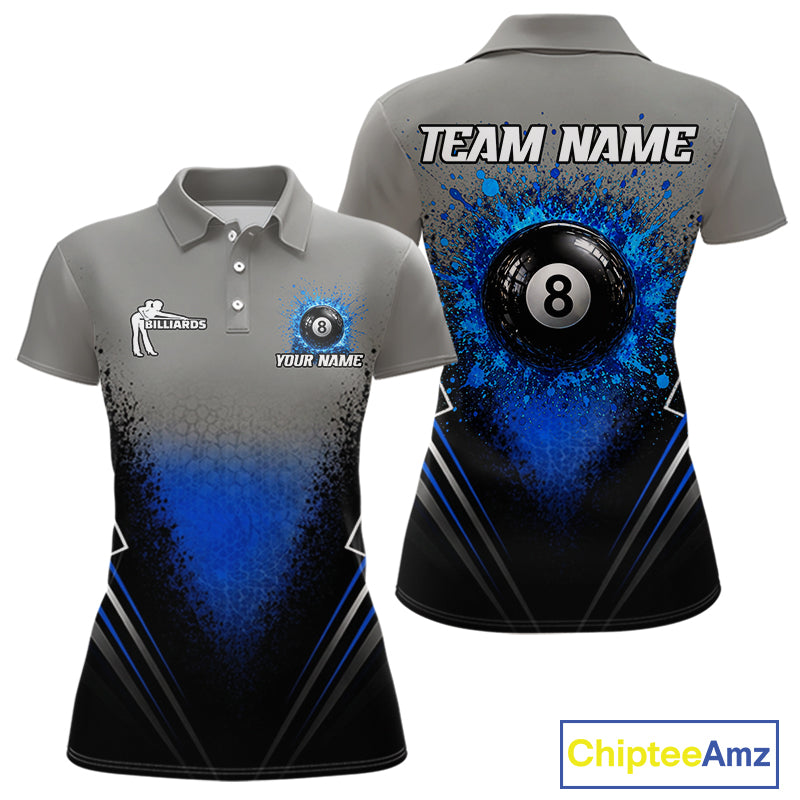 Personalized Grey And Blue Splatter 8 Ball Pool Billiard Shirt For Women Custom Billiard Team Jersey NYN3147