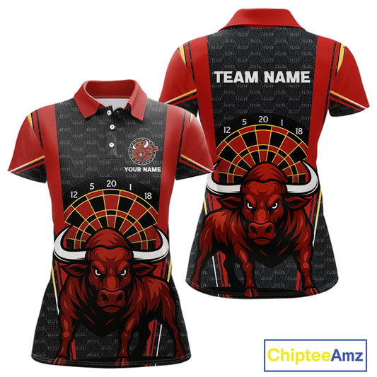 Red Powerful Bull Darts Dartboard Shirt For Women - Custom Team & Player Name NYN0359