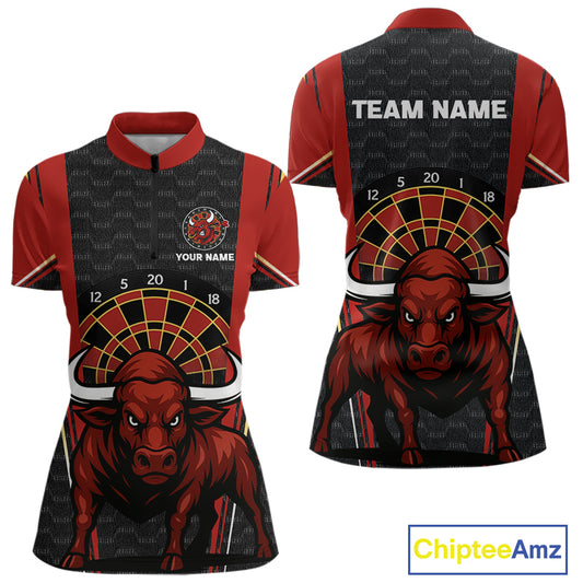 Red Powerful Bull Darts Dartboard Shirt For Women - Custom Team & Player Name NYN0359