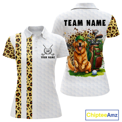 	Golden retriever golf shirt with yellow leopard splatter funny golf polo for women