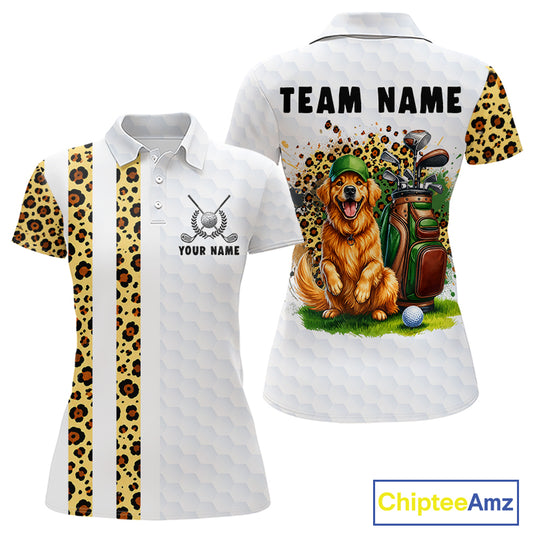 	Golden retriever golf shirt with yellow leopard splatter funny golf polo for women