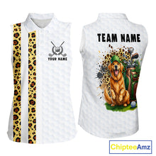 Load image into Gallery viewer, Golden retriever golf shirt with yellow leopard splatter funny golf polo for women