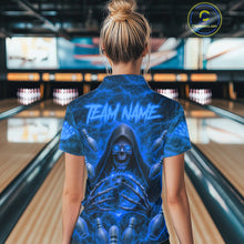 Load image into Gallery viewer, Female bowler wearing Blue Lightning Thunder Skull Reaper bowling jersey personalized custom bowling team uniform league tournament apparel