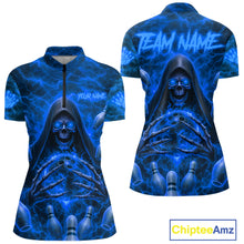 Load image into Gallery viewer, Lightning Thunder Skull Reaper Bowling Quarter-Zip Shirt For Women Custom Bowling Team Jersey Personalized League Bowler Apparel Blue Skull Design