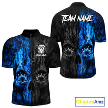 Load image into Gallery viewer, Blue And Black Camouflage Skull Bowling Quarter-Zip Shirt For Men Custom Bowling League Team Jersey