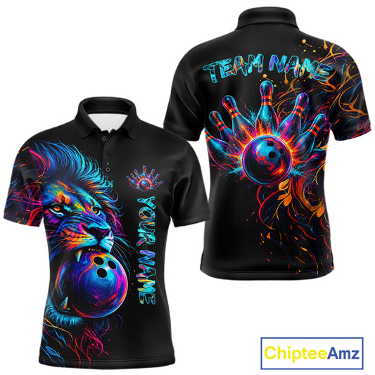 Funny Lion Colorful Splatter Bowling Polo Shirt For Men Custom Bowling Team Jersey Personalized League Bowler Apparel