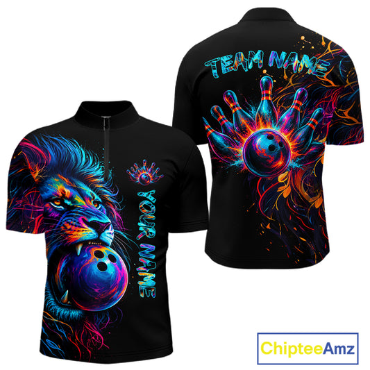 Funny Lion Colorful Splatter Bowling Quarter-Zip Shirt For Men Custom Bowling League Team Jersey