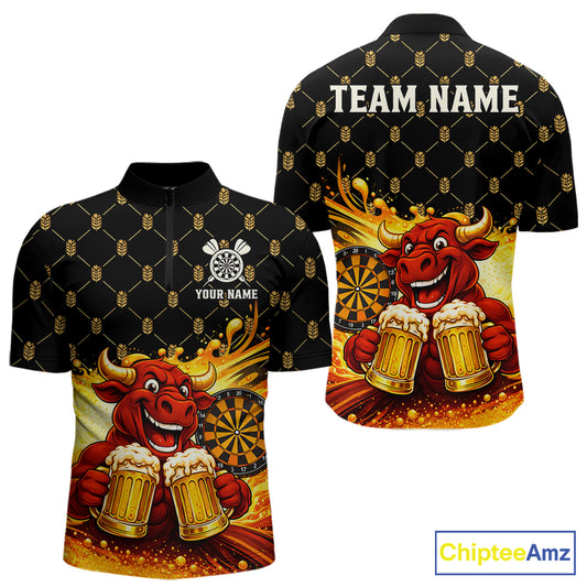 Bull & Cheer Beers Dartboard Custom Funny Darts Quarter-Zip Shirts Men Dart Team Jerseys | Black NYN2272