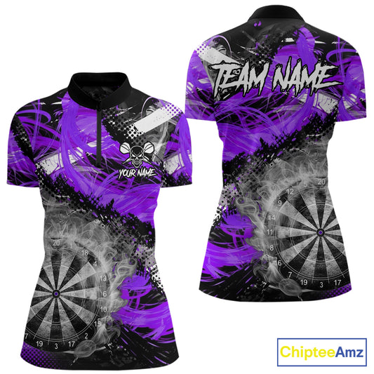 Purple & Grey Smokes Dartboard Custom Women Darts Quarter-Zip Shirts Grunge Dart League Jerseys NYN2278
