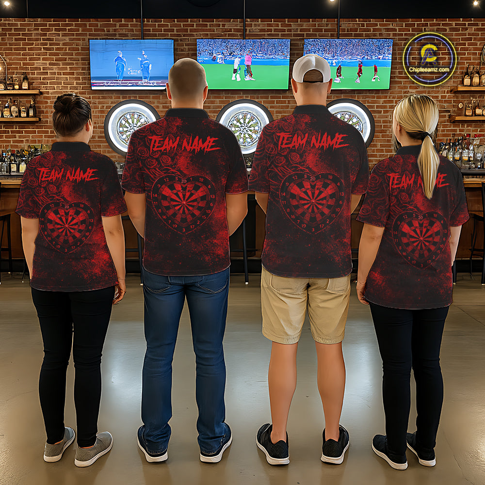 Red Grunge Roses Heart Dartboard Women Darts Valentine Shirt Custom Dart Polo Couple Gifts NYN2573