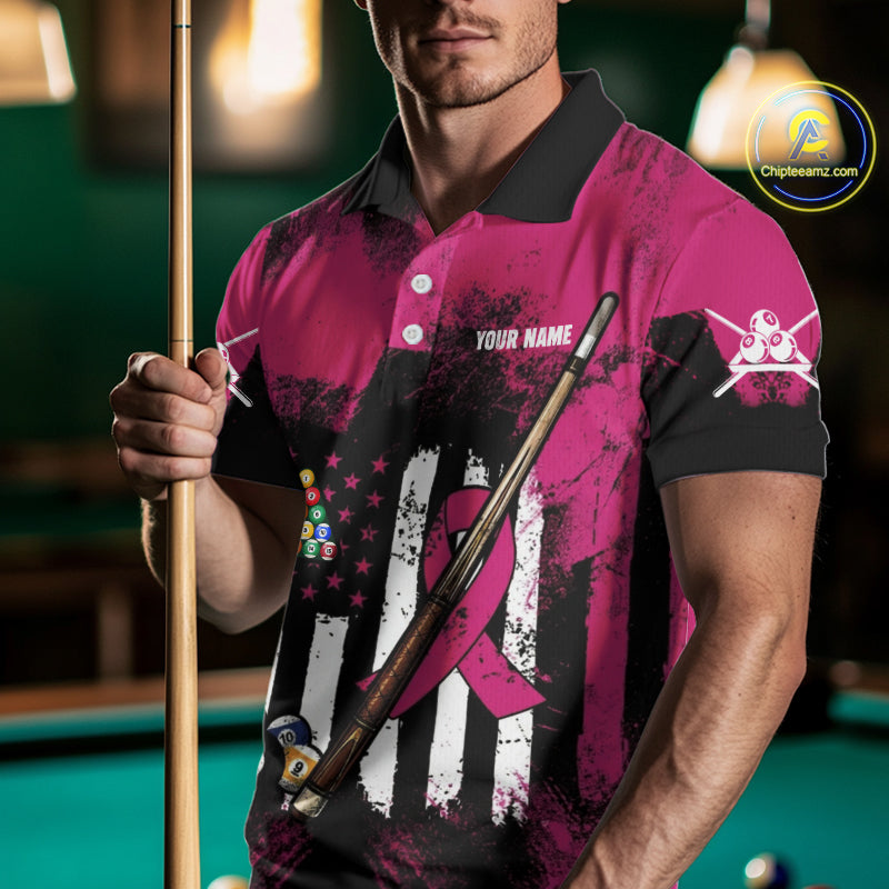 Pink Ribbon Grunge US Flag Patriotic Men Billiard Shirts Custom Breast Cancer Billiard Jerseys  NYN2943