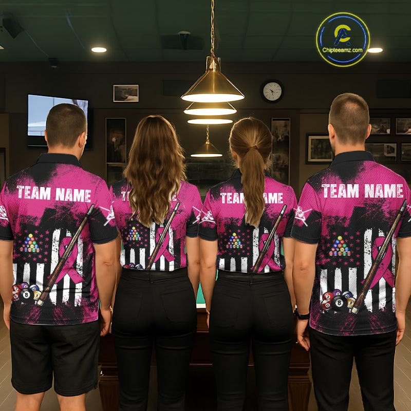 Pink Ribbon Grunge US Flag Patriotic Women Billiard Shirts Custom Breast Cancer Billiard Jerseys  NYN2943
