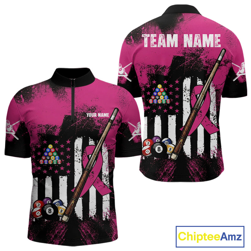 Pink Ribbon Grunge US Flag Patriotic Men Billiard Shirts Custom Breast Cancer Billiard Jerseys  NYN2943