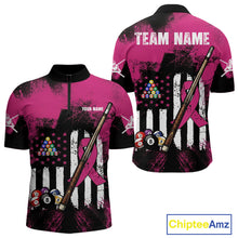 Load image into Gallery viewer, Pink Ribbon Grunge US Flag Patriotic Men Billiard Shirts Custom Breast Cancer Billiard Jerseys  NYN2943