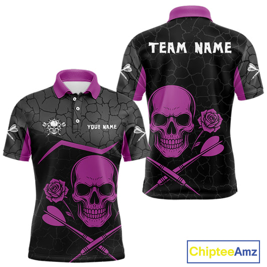 Purple Roses Skull & Black Cracked Pattern Darts Shirt For Men - Custom Team Name NYN0375
