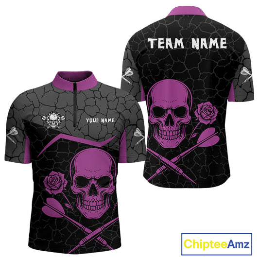 Purple Roses Skull & Black Cracked Pattern Darts Shirt For Men - Custom Team Name NYN0375
