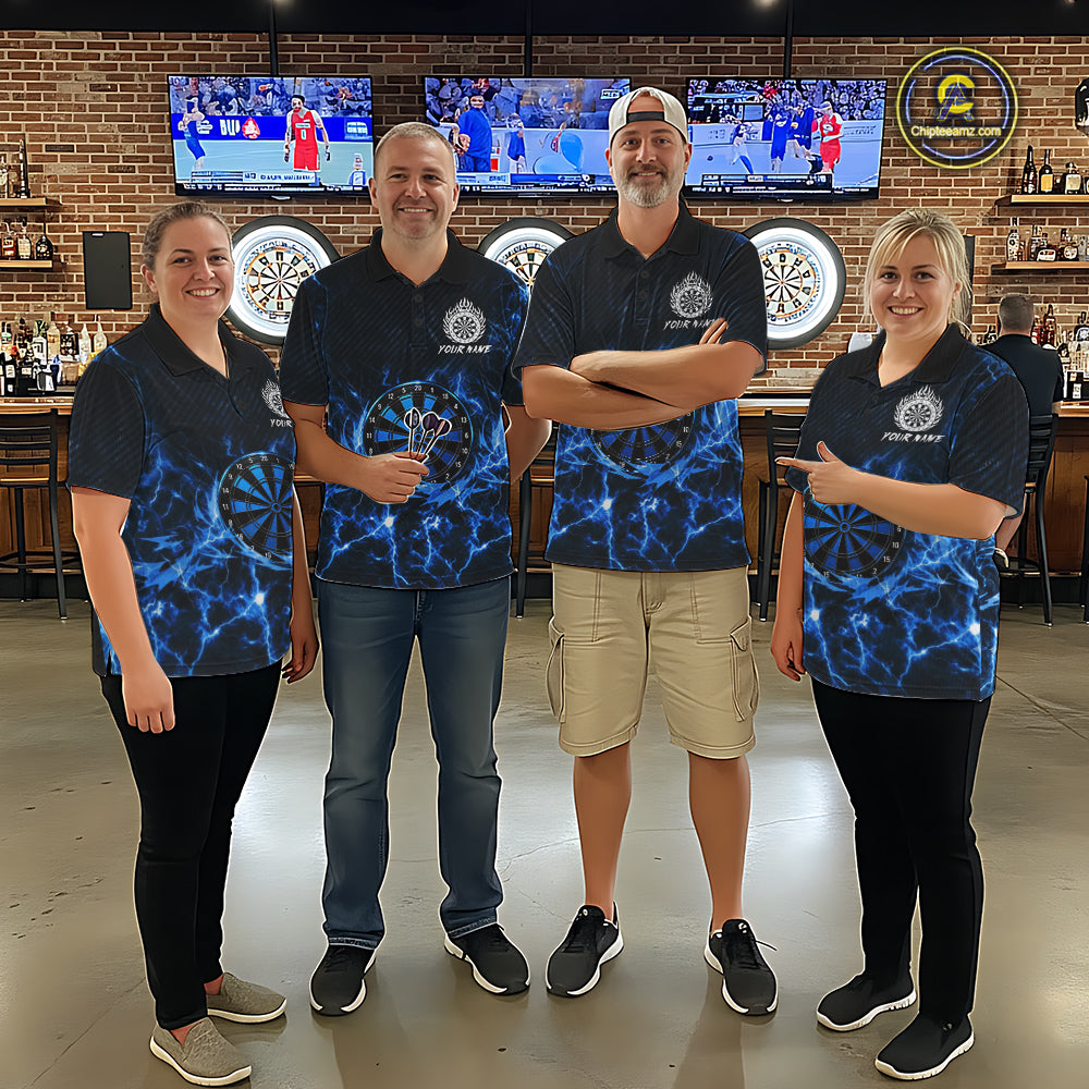 Custom Thunder Lightning Dartboard Men Dart Polo & 1/4-Zip Shirt, Gifts For Dart Players | Blue NYN3337